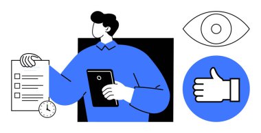 Profesyonel muayene listesi ve saat, göz ve baş parmak işareti olan tablet. Üretkenlik, zaman yönetimi, geri bildirim, planlama, izleme, onay süreci için ideal basit iniş sayfası