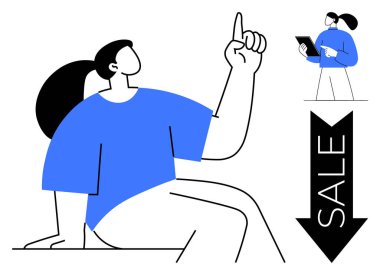 Satış etiketli aşağı doğru işaret eden bir okun yanında işaret eden kişi, tablete danışan bir karakterle eşleşiyor. Promosyon, perakende, reklam, e-ticaret, indirim, alışveriş, sade iniş için ideal