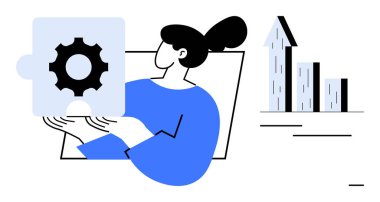 Kadın bulmaca bileşenlerini dişli sembolüyle tutuyor, çözümleri sembolize ediyor. Yukarı doğru yükselen çubuk grafiği büyümeyi gösterir. Takım çalışması, üretkenlik, planlama, yenilik, iyileştirme, problem çözme için ideal