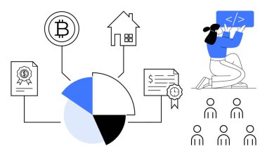 Kripto para birimi, gayrimenkul, sertifikalar ve kodlamayı bağlayan pasta şeması. Kodlama ekranı ile çalışan geliştirici. Engelleme zinciri, finans, eğitim, beceri eğitim teknolojisi verileri için ideal