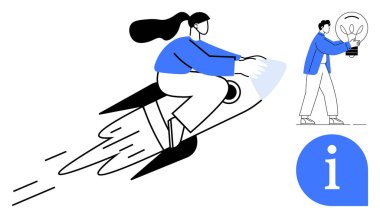 Roket süren bir kadın, yenilik ve gelişimi simgeliyor. Elinde fikirleri temsil eden bir ampul tutan adam. Bilgi için i ile mavi simge. Yaratıcılık, büyüme, yenilik ve girişimcilik için ideal