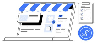 Ürünler, indirim etiketleri ve mağaza afişleriyle dolu bir e-ticaret sitesini gösteren dizüstü bilgisayar. Kontrol listesi ve dolar işareti de dahil. Çevrimiçi alışveriş, perakende, pazarlama, satış, e-ticaret için ideal