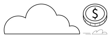 Bitişik madeni para ve hareket çizgilerine sahip bulut dijital bulut hizmetleri, ekonomik büyüme, tasarruf ve finans taşımaktadır. Teknoloji, iş, yatırım, finans, yenilik girişimleri için ideal