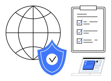 Küre, onay işareti olan kalkan, pano kontrol listesi ve bilgisayar ekranı güvenlik, uyum ve dijital doğrulamayı temsil ediyor. Güvenlik, koruma ve doğrulama verileri için ideal