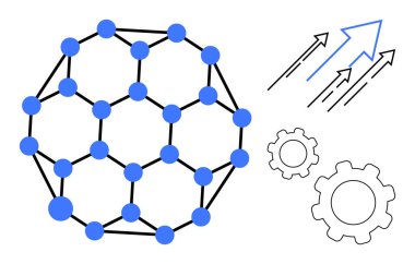 Düğümleri ve çizgileri olan küresel ağ, ilerlemeyi sembolize eden oklar ve yenilik için vitesler. Teknoloji, bağlantı, takım çalışması, büyüme, işbirliği, verimlilik için ideal basit iniş sayfası