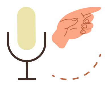 Ses, konuşma ya da bağlantıyı sembolize eden kesik çizgileri olan bir mikrofonu işaret eden bir el. İletişim, ses komutu, yayın, diyalog, etkileşim, podcasting işbirliği için ideal