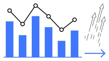 İlerlemeyi, başarıyı ve analitiği simgeleyen yukarı bakan oklarla birlikte siyah çizgili mavi çubuk grafiği. Veri sunumu, finans, analitik, pazarlama ve büyüme için ideal