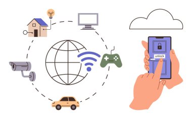 Ev, araba, bilgisayar, güvenlik kamerası ve oyun kumandası da dahil olmak üzere IoT simgeleriyle akıllı telefon kilidi açmak. Akıllı teknoloji, ev otomasyonu, IOT, güvenlik yenilik bağlantısı dijital için ideal