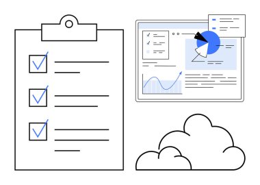 Panodaki kontrol listesi, grafikli veri paneli, pasta grafiği ve bulut simgesi. Üretkenlik, veri yönetimi, analitik, bulut hesaplama, proje planlaması, takım çalışması için ideal basit iniş sayfası