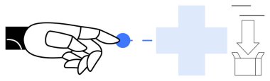 Robotik el artı sembolün yanındaki mavi düğmeye basıyor ve aşağıya doğru ok bir kutuyu işaret ediyor. Otomasyon için ideal, teknoloji, gelecek, tıbbi, kesinlik, yenilik, verimlilik. Basit düz