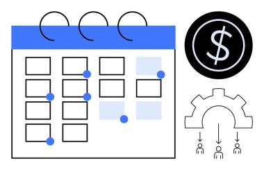 Mavi işaretli takvim, bozuk para ve iş akışı vitesleri. Zaman yönetimi, finans, takvim, takım çalışması, verimlilik projesi organizasyonu iş planlaması için ideal. Basit düz metafor