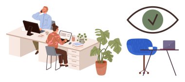 Ofis masalarında bilgisayar, kitap ve bitkilerle çalışan iki meslektaş. Yakınlarda, asgari bir masa ve göz hatlarındaki yeşil işaretler odaklanmayı ve başarıyı işaret ediyor. Takım çalışması ve verimlilik için ideal.