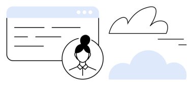 Dairedeki kullanıcı profili avatarı, metin satırlı tarayıcı penceresi ve soyut bulut grafikleri. Kullanıcı arayüzü, ağ oluşturma, profil yönetimi, teknoloji kavramları, web hizmetleri, kişiselleştirme için ideal