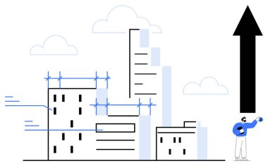 İnşaat halindeki uzun binalar, iskelesi ve çizgileri olan, planı elinde tutan adam, yukarı doğru büyük bir ok. İş, gayrimenkul, mimari, yenilik, büyüme başarısı planlamak için ideal. Basit.