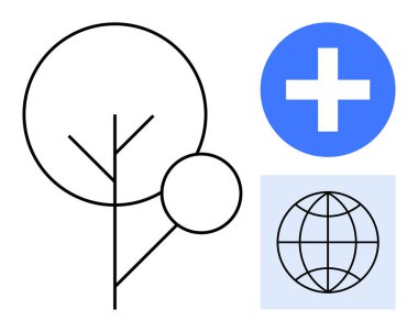 Minimalist ağaç çizgisi sanatı mavi bir ikon ve ızgara küreyle eşleştirildi. Sürdürülebilirlik, çevre, sağlık, küresel bağlantı, ekoloji, yenilenebilir enerji ve takım çalışması için ideal. Basit düz