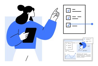 Elinde tablet tutan ve listeyi işaret eden bir kadın ekrandaki verileri çizelgelerle analiz ediyor. Üretkenlik, görev yönetimi, planlama, analitik, iş akışı, organizasyon için ideal, basit iniş sayfası