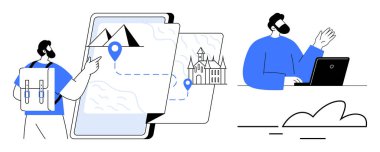 Sırt çantalı biri haritaya güzergahı, işaretleri ve dizüstü bilgisayardaki adamla sanal iletişimi gösteriyor. Seyahat, seyrüsefer, teknoloji, uzaktan çalışma, turizm planlama keşifleri için ideal. Basit.