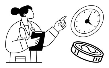 Elindeki panoda, bütçe, zamanlama, zaman yönetimi, sağlık planlaması, finansal sorumluluk, kaynak optimizasyonunu sembolize etmek için saat ve paraya işaret eden bir sağlık çalışanı var. İdeal