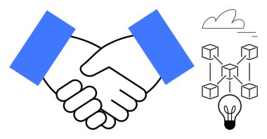 İki el sıkışması işbirliğini temsil eder, engelleme düğümleri bağlanır ve ampul yeniliği simgeler. Takım çalışması, engel zinciri, yenilik, ağ oluşturma ve iş stratejisi için ideal