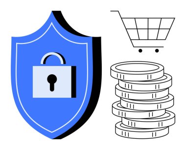 Kilitli mavi kalkan güvenliği simgeler, alışveriş arabası e-ticareti simgeler, para yığını finansı gösterir. Siber güvenlik için ideal, çevrimiçi ödeme, e-ticaret koruması, mali güvenlik, güvenlik