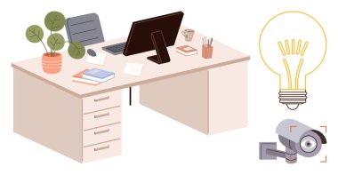 Ofis masasında kitaplar, bilgisayar, kırtasiye malzemeleri, saksı bitkisi ışıklandırılmış ampul ve güvenlik kamerası var. Çalışma alanı, yenilik, güvenlik, üretkenlik, teknoloji sektörü minimalizmi için ideal