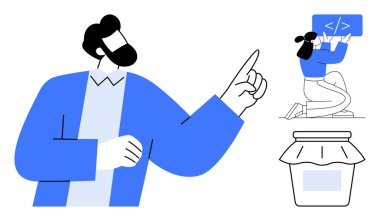 Kendine güveni yüksek bir adam dizüstü bilgisayarda dizlerinin üzerinde duran bir kadın ve yaratıcılığı simgeleyen bir kavanoz. Takım çalışması, teknoloji, gelişme, fikirler, liderlik, yenilik için ideal