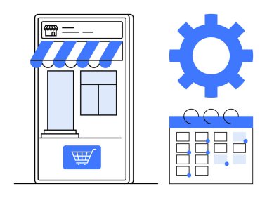 Mobil mağaza önü, el arabası simgesi, mavi çizgili tente, takvim ve şanzıman. E-ticaret, iş, organizasyon, online alışveriş ve perakende planlama için ideal. Basit bir düz metafor.