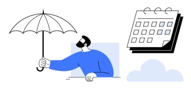 Şemsiye tutan adam, işaretli tarihli takvim, ve bulutları sembolize eden hava, planlama ve koruma. Sigorta, risk yönetimi, hava tahmini ve güvenlik için son tarihler için ideal