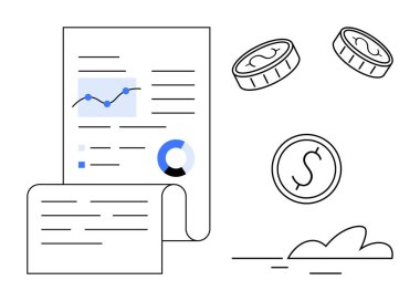 Haritalar ve analizlerle birlikte uçan paraların yer aldığı belge, mali büyüme ve veri takibini sembolize ediyor. Finans, yatırım, analitik, iş, başarı, istatistik verileri için ideal