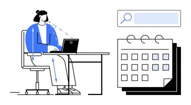 Ergonomik olarak masada oturan bir kadın dizüstü bilgisayar kullanıyor, takvim ve arama barına bitişik. Üretkenlik, zaman yönetimi, çevrimiçi planlama, görev örgütü, programlama, iş hayatı için ideal