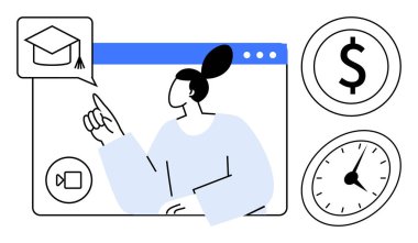 Mezuniyet şapkası simgesini gösteren kadın görüntülü arama arayüzü içinde. Yaklaşık dolar sembolü ve saat maliyeti ve zamanı iletir. E- öğrenim, eğitim, zaman yönetimi ve bütçe için ideal
