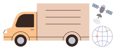 Teslimat kamyonu uydudan geçip sinyal yayıyor ve konum işaretlerine bağlanıyor. Lojistik, ulaşım, teknoloji, GPS izleme, tedarik zinciri, dağıtım hizmeti için ideal