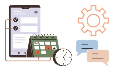 Görevli akıllı telefon, bir takvim planlayıcısı, saat, sohbet balonları ve planlama için çark, zaman yönetimi, işbirliği, takım çalışması organizasyonu verimliliği ve hedef belirleme. Dijital için ideal