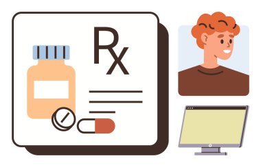 İlaç şişesi, haplar, RX sembolü, hasta portresi ve bilgisayar ekranı. Teletıp, dijital sağlık hizmetleri, çevrimiçi reçeteler, tıbbi hizmetler, eczane yenilikleri, hasta kayıtları için ideal