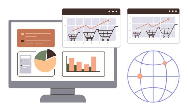 Bilgisayar ekranında grafikler, grafikler ve analitik alışveriş arabası satışları ve büyümeyi gösteriyor. Ticari içgörü, ecommerce, perakende, istatistik, internet teknolojisi için ideal basit