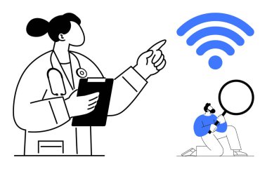 Doktor elinde dosyayla kablosuz sinyali işaret ediyor. Büyüteçle araştırmacı. Sağlık, teknoloji, tıp, iletişim, yenilik, araştırma, dijital bağlantı için ideal