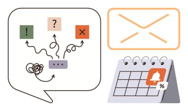 Akış şeması ve karar sembolleriyle konuşma balonu iletişim için zarf ve hatırlatıcı simgelerle takvim. Proje yönetimi, planlama, iletişim, iş akışı optimizasyonu için ideal