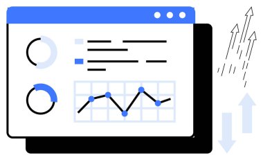 Çizgi grafiği, pasta grafikleri, çubukları ve performans göstergeleriyle analitik gösterge paneli. Veri analizi, iş anlayışı, raporlama, strateji, büyüme izlemesi için ideal basit düz metafor