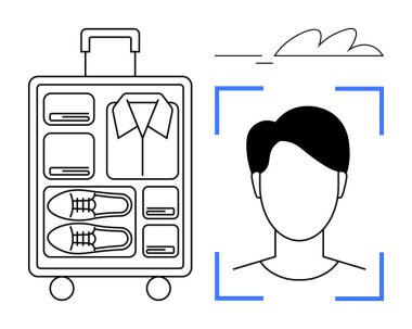 İçinde ayakkabı ve giysi bulunan bavullar ve yüz tanıma profili çerçevesi. Seyahat, teknoloji, özelleştirme, verimlilik, güvenlik, planlama ve yenilik için ideal