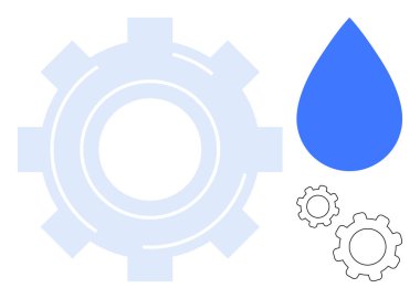 Mavi su damlası, büyük yarı şeffaf dişlilerin ve daha küçük siyah viteslerin yanında. Teknoloji, mühendislik, su tasarrufu, sürdürülebilirlik, enerji, makineler ve basit iniş sayfası için ideal