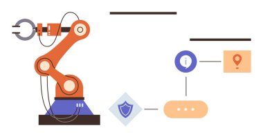 Bilgi, konum ve güvenlik için simgelerle birlikte veri akış şemasının yanında robot kol. Otomasyon, yenilik, teknoloji, imalat, endüstriyel süreçler, robotik eğitim için ideal