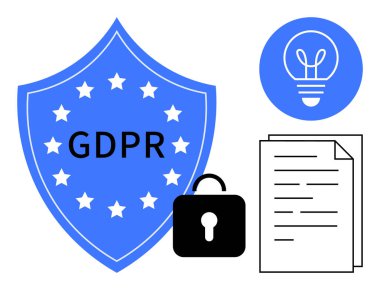 GDPR etiketli mavi kalkan, siyah kilit simgesi, belge taslağı ve veri korumasını sembolize eden ampul simgesi. Güvenlik, uyum, gizlilik politikası, şeffaflık, yenilik güveni için idealdir