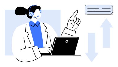 Profesyonel kulaklık takan biri dizüstü bilgisayarının yanında oturup mesaj simgesini gösterir. Müşteri desteği, uzaktan yardım, iletişim, takım çalışması, iş danışmanlığı, çağrı merkezleri, basit daire