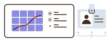Veri tablosunda bir kimlik kartı ve fotoğraf bilgisiyle birlikte trend çizgisi ve anahtar metrikleri de yer alıyor. Analiz, performans, güvenlik, izleme, kimlik belirleme, erişim kontrolü için ideal, basit düz metafor