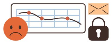 Aşağıya doğru eğilim çizelgesi, işaretli noktalar, üzgün turuncu yüz, zarf ve asma kilit. Ticari risk, veri kaybı, siber güvenlik, e-posta güvenliği, finansal gerileme analitik ekonomik endişe için ideal