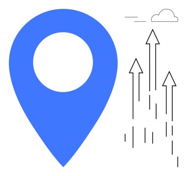 Mavi lokasyon iğnesi yukarı bakan oklar, hareketi, navigasyonu, büyümeyi ve ilerlemeyi temsil ediyor. Seyahat, teknoloji, başarı stratejisi yenilik hedefleri için idealdir. Basit düz