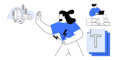 Alerjiyi tetikleyen gıdaları reddeden bir kadın süt ürünlerini, balıkları ve buğdayı afişe ederken, bir diğeri de belgelerin yanında dizüstü bilgisayarla çalışıyor. Sağlık, öz bakım, eğitim, alerji farkındalığı, uzaktan beslenme için ideal