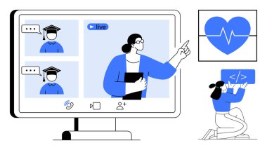 Ekranda öğrencilere hitap eden bir öğretmenle çevrimiçi sınıf, kalp atışı görselleştirmesi. Kodlama ikonu tutan kadın. Eğitim, teknoloji, kodlama, sağlık, webinarlar için ideal basit takım çalışması