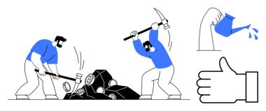 İki işçi taş kırmak için araç kullanıyor, emek ve takım çalışmasını ön plana çıkarıyor. Yakınlarda, sulama tenekesi ve başparmaklar büyüme, çaba ve onayın altını çiziyor. Takım çalışması, iş gücü, motivasyon endüstrisi için ideal