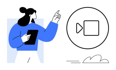 Elinde tablet tutan genç bir kadın, video içeriğini temsil eden bir çalma düğmesi simgesine işaret ediyor. Dijital medya, eğitim, iletişim, yayın, teknoloji, yaratıcılık eğitimi için idealdir. Basit.